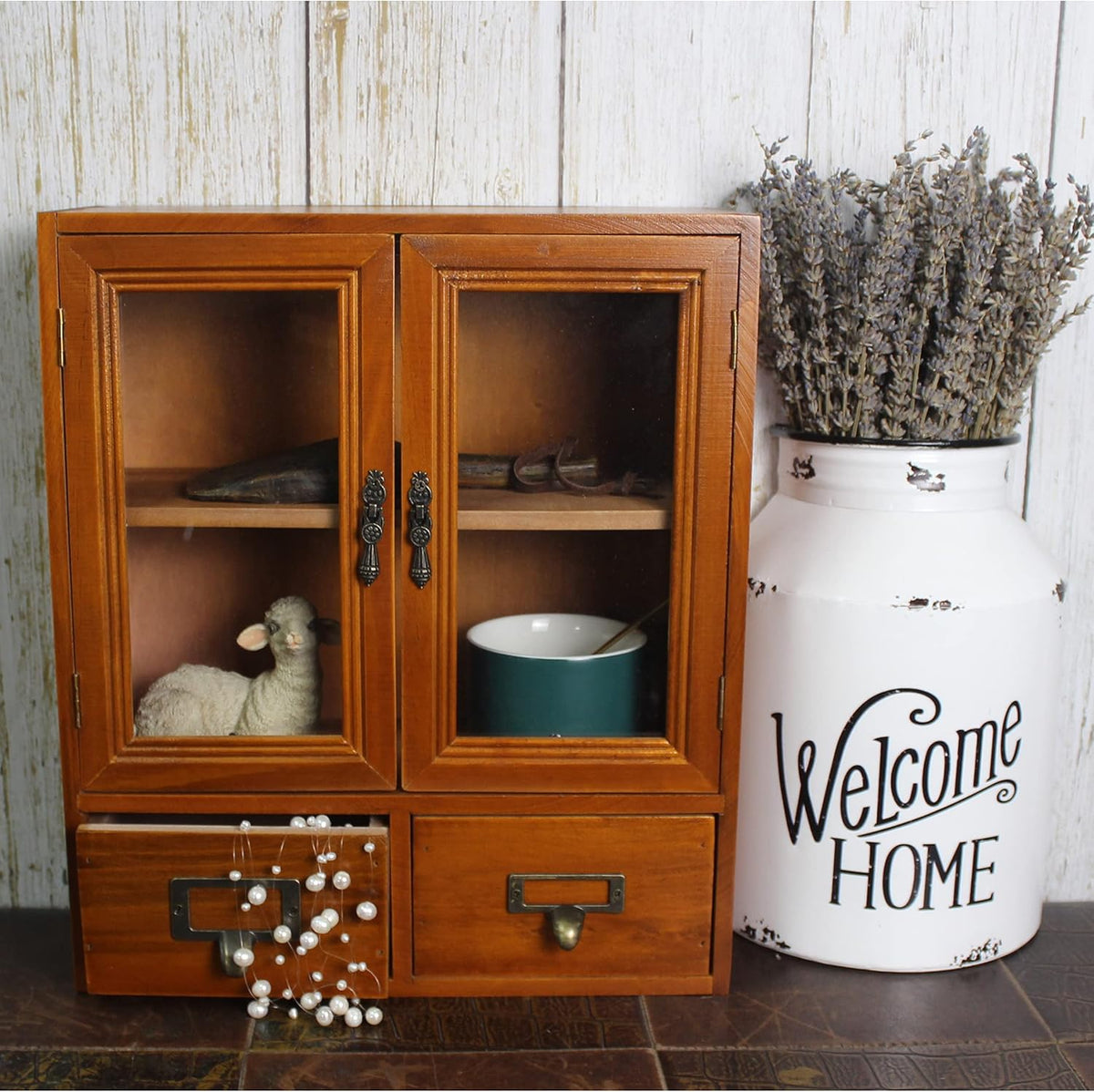 Wooden Storage Cabinet with Glass Double Doors and Adjustable Shelf Q382588
