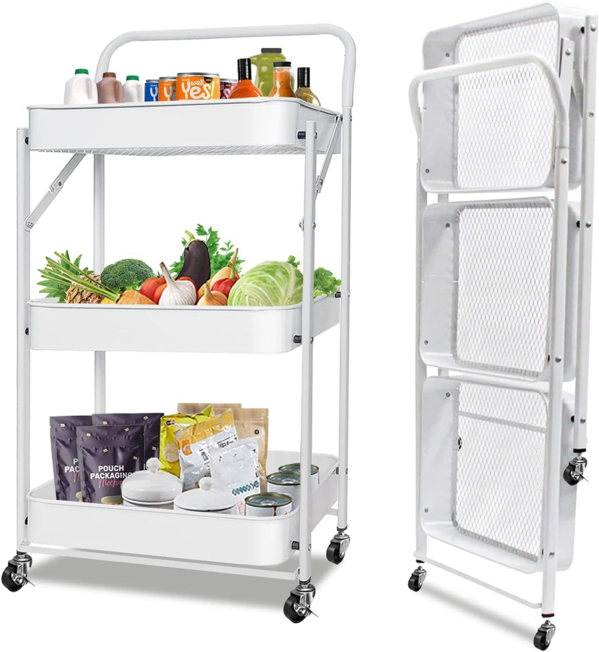 3-Tier Collapsible Rolling Utility Cart with Lockable Casters N510642