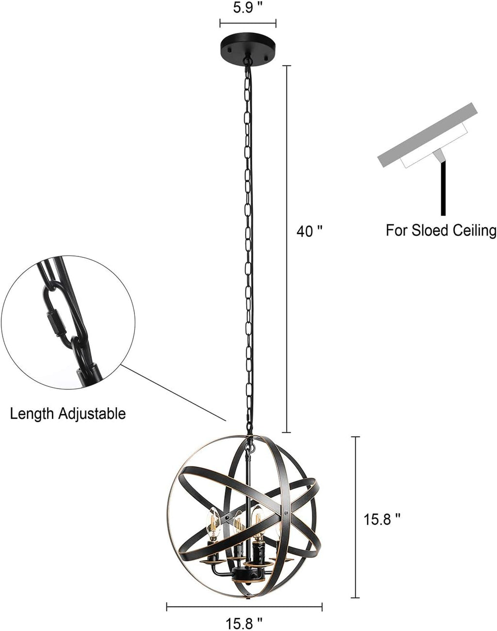 4-Light Black Pendant Lighting with Spherical Shade Q266
