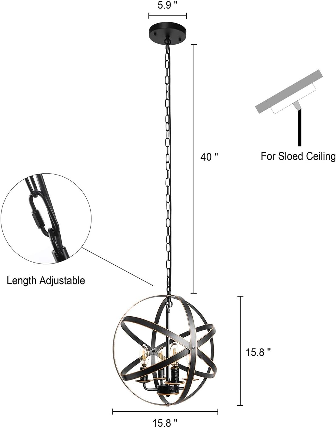 4-Light Black Pendant Lighting with Spherical Shade Q266