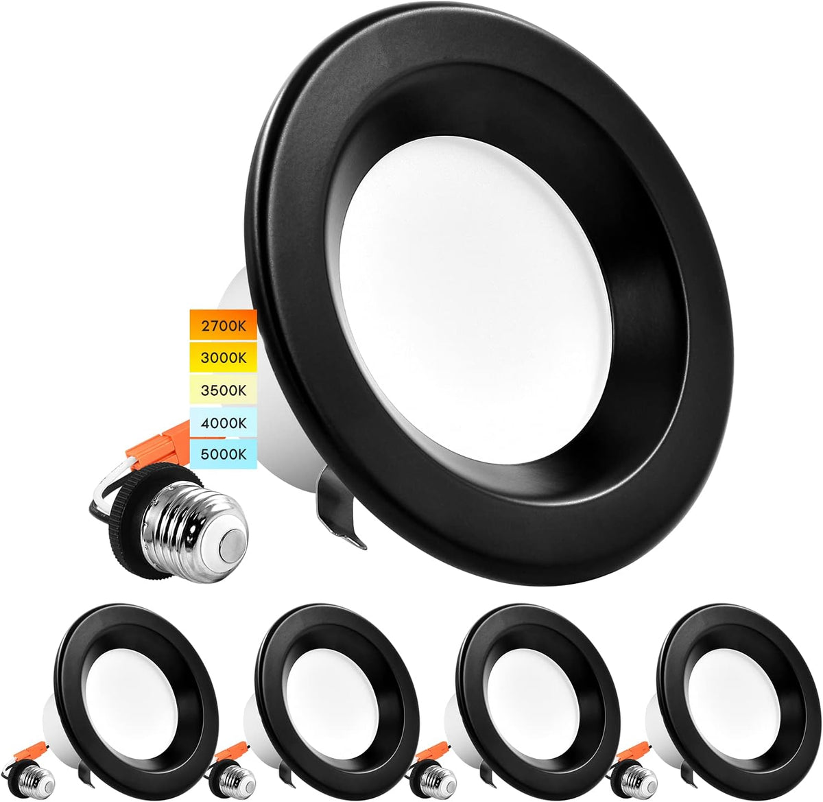 4 Inch LED Recessed Can Lights, Color Selectable Dimmable Black Trim (4 Pack) B15274