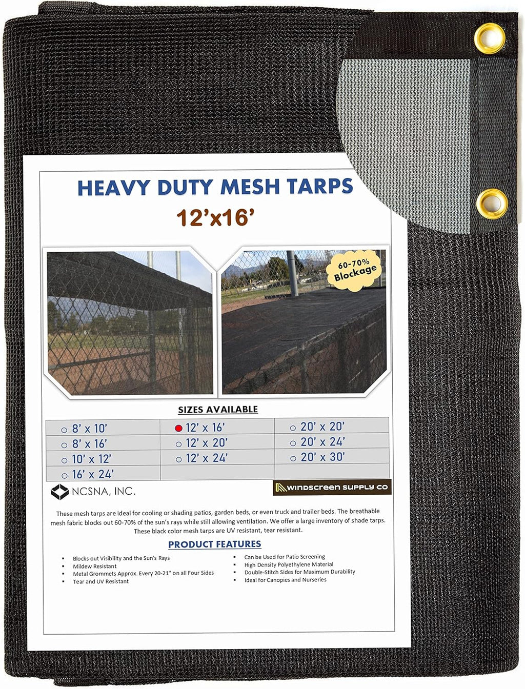 12 FT X 16 FT Heavy Duty Black Knitted Mesh Tarp with Grommets D846275