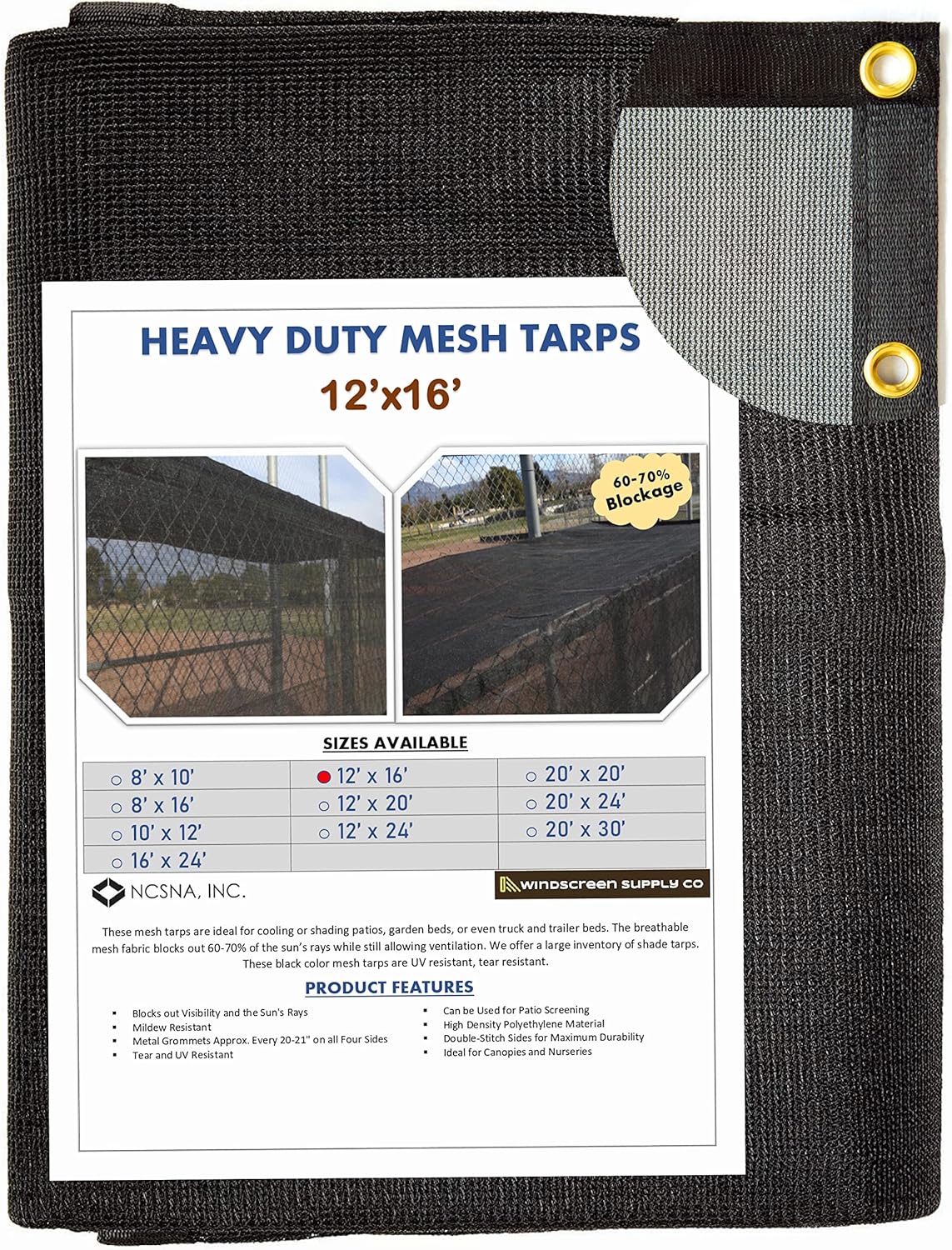 12 FT X 16 FT Heavy Duty Black Knitted Mesh Tarp with Grommets D846275