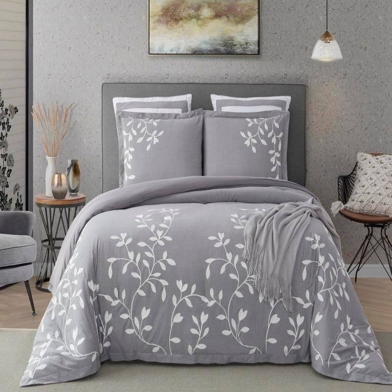 Queen Grey Chambray Cotton Comforter Set B2426