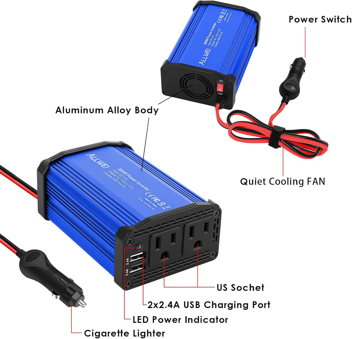 300W Car Power Inverter DC 12V to 110V AC Converter Dual USB Car Charger Adapter Pack of 2 G928
