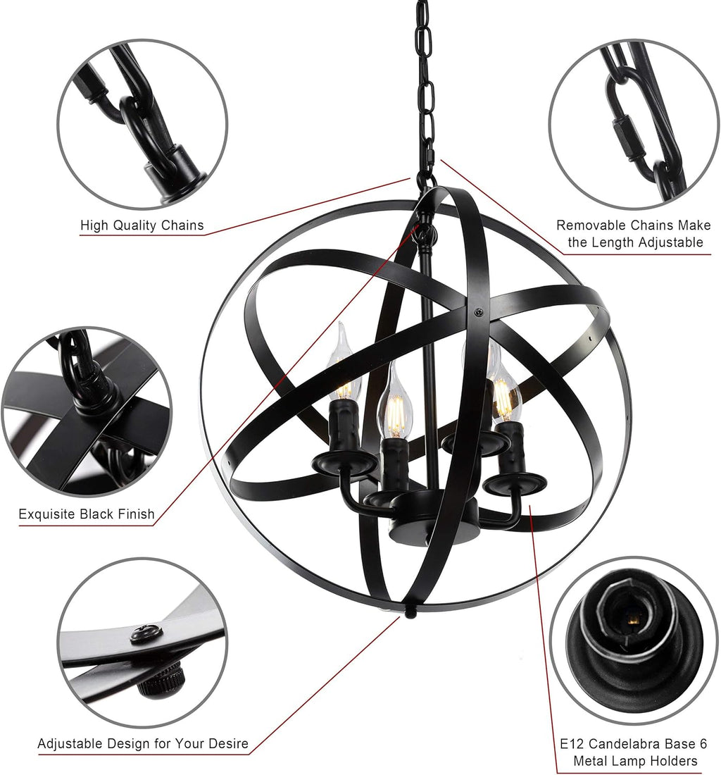 4-Light Black Pendant Lighting with Spherical Shade Q266