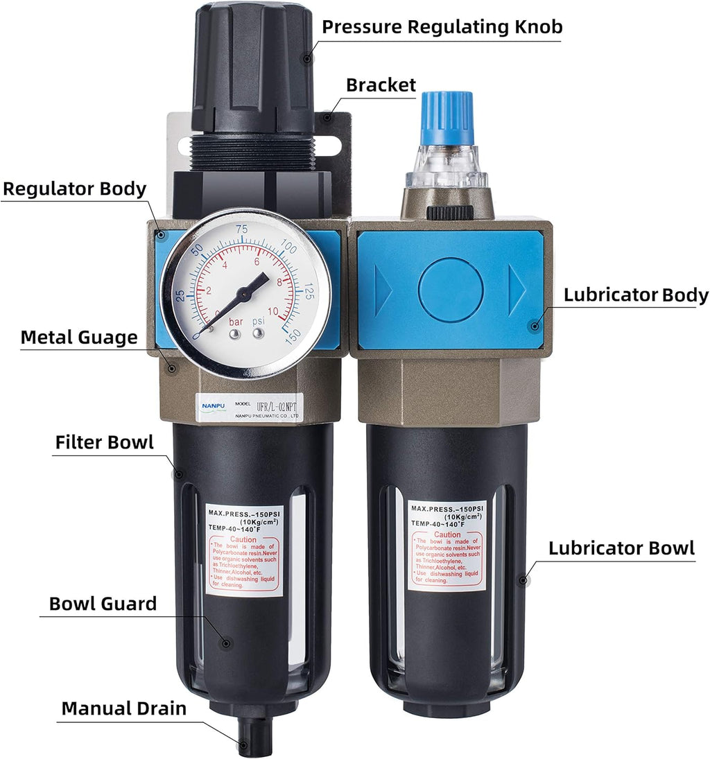 1/4 NPT Compressed Air Filter Regulator Lubricator, 5 Micron, 0-150 psi C958