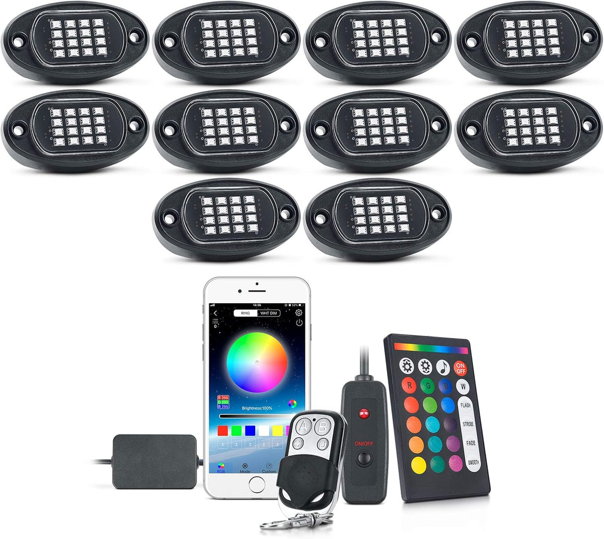 RGB LED Rock Lights with Remote Control, Music Sync Waterproof Underglow Lighting Kit J6832