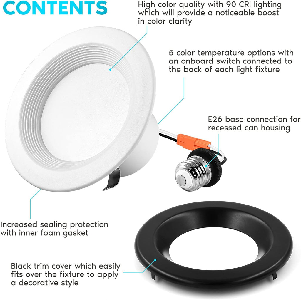 4 Inch LED Recessed Can Lights, Color Selectable Dimmable Black Trim (4 Pack) B15274