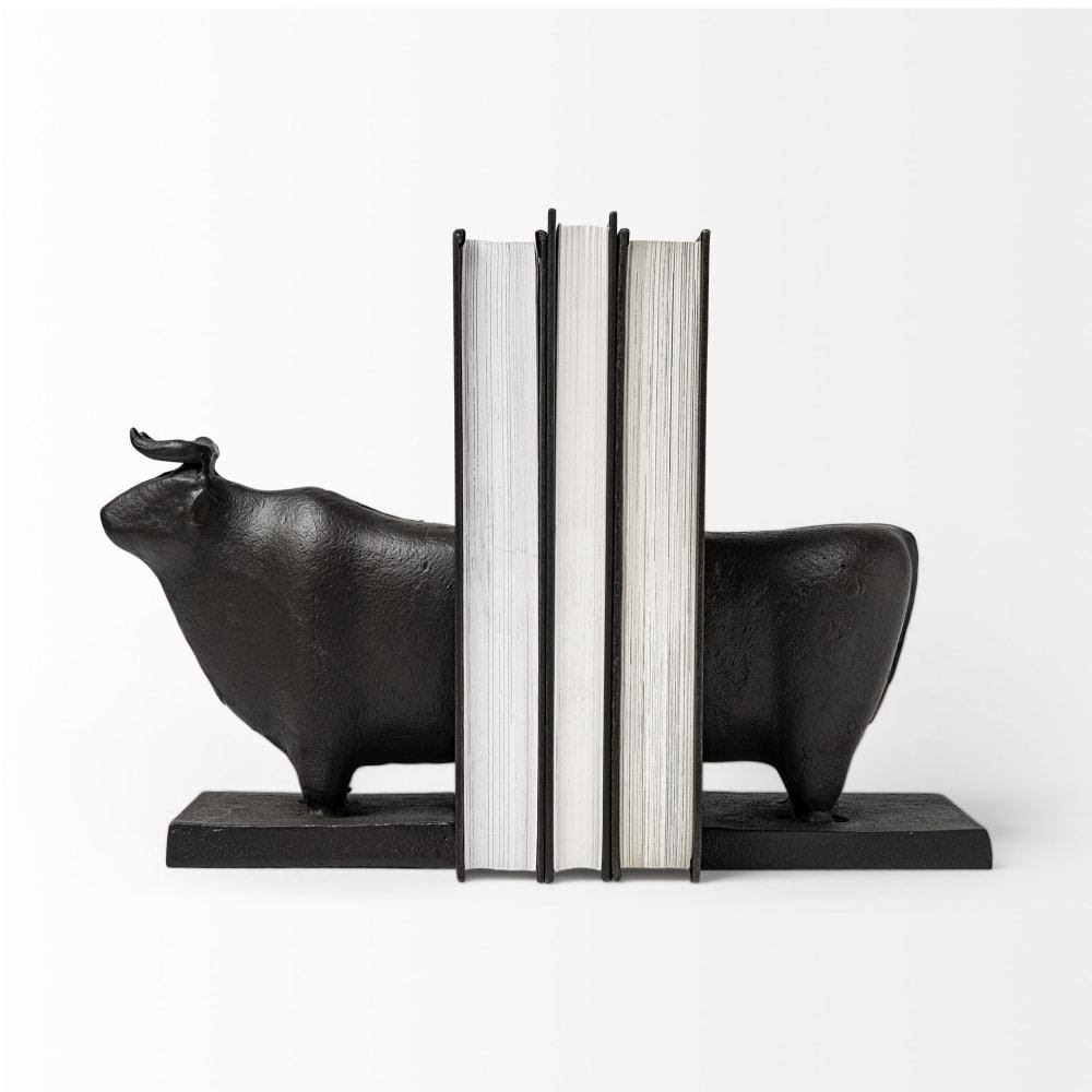 Black Cast Aluminum Bull Bookends Set of 2 F835
