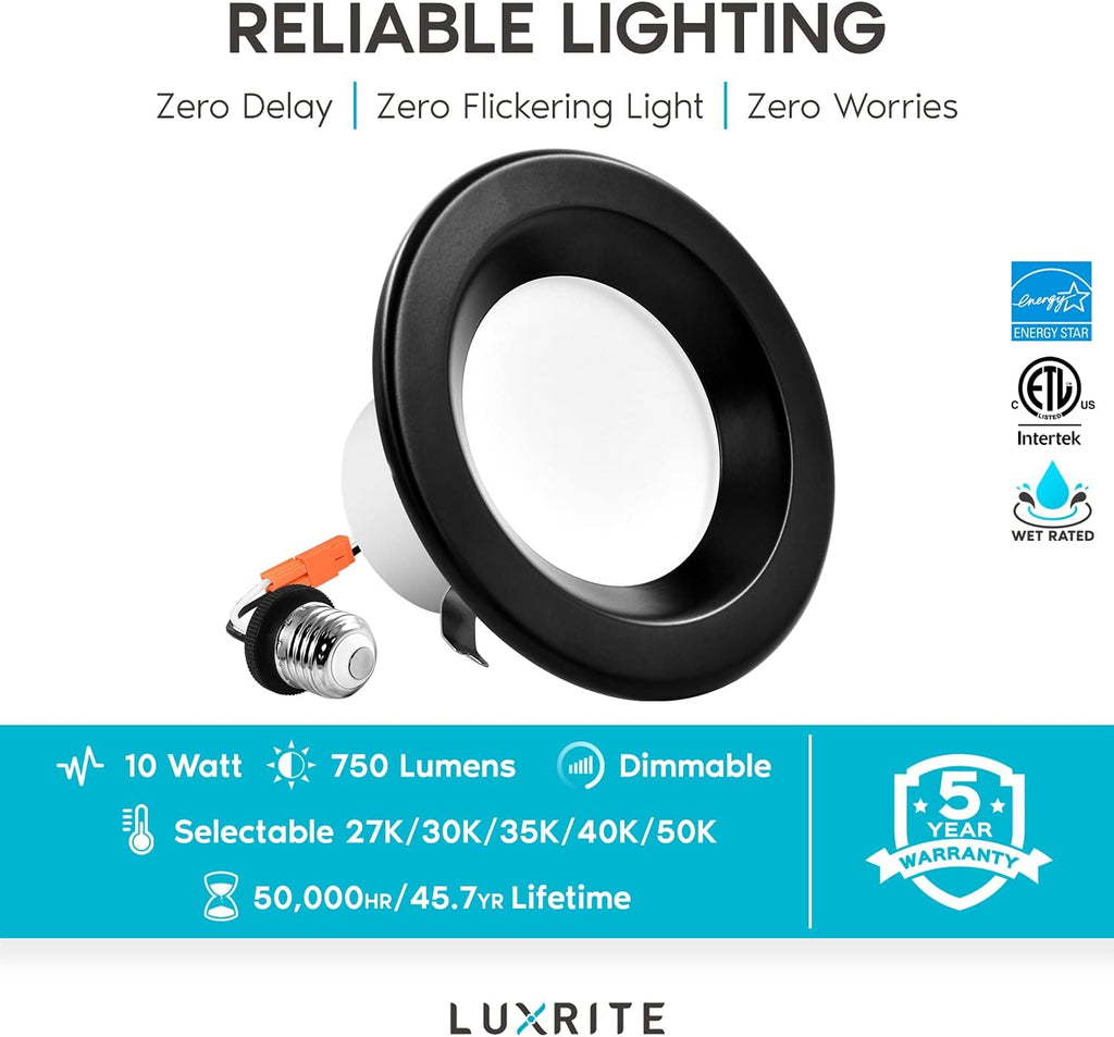4 Inch LED Recessed Can Lights, Color Selectable Dimmable Black Trim (4 Pack) B15274
