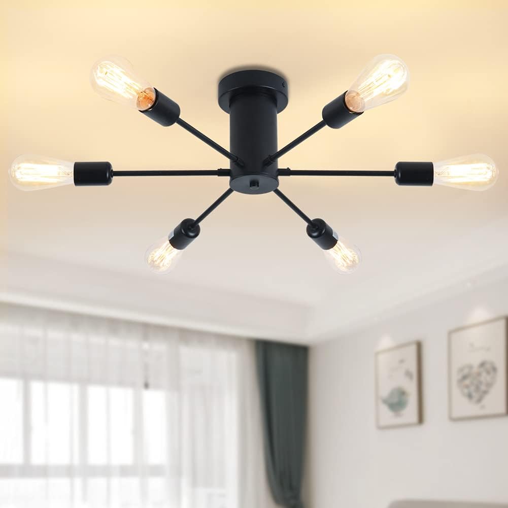 6 Light Matte Black Flush Mount Ceiling Light W547