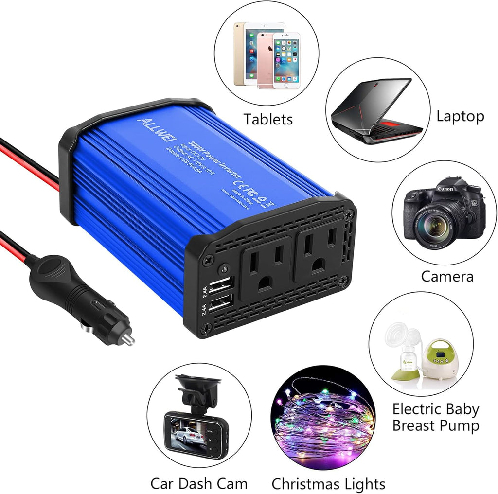 300W Car Power Inverter DC 12V to 110V AC Converter Dual USB Car Charger Adapter Pack of 2 G928