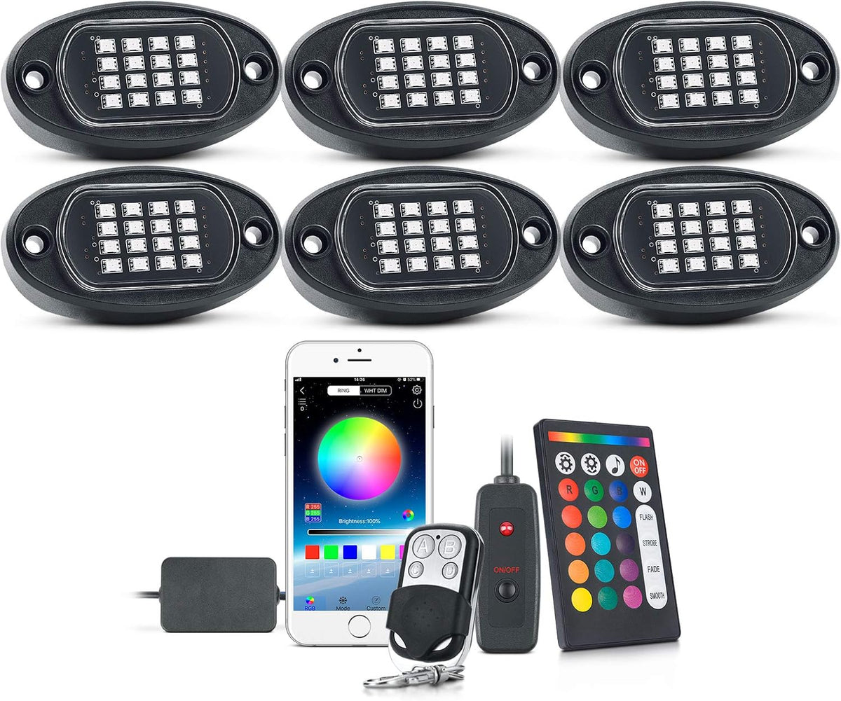 RGB LED Rock Lights with Remote Control, Music Sync Waterproof Underglow Lighting Kit J6832