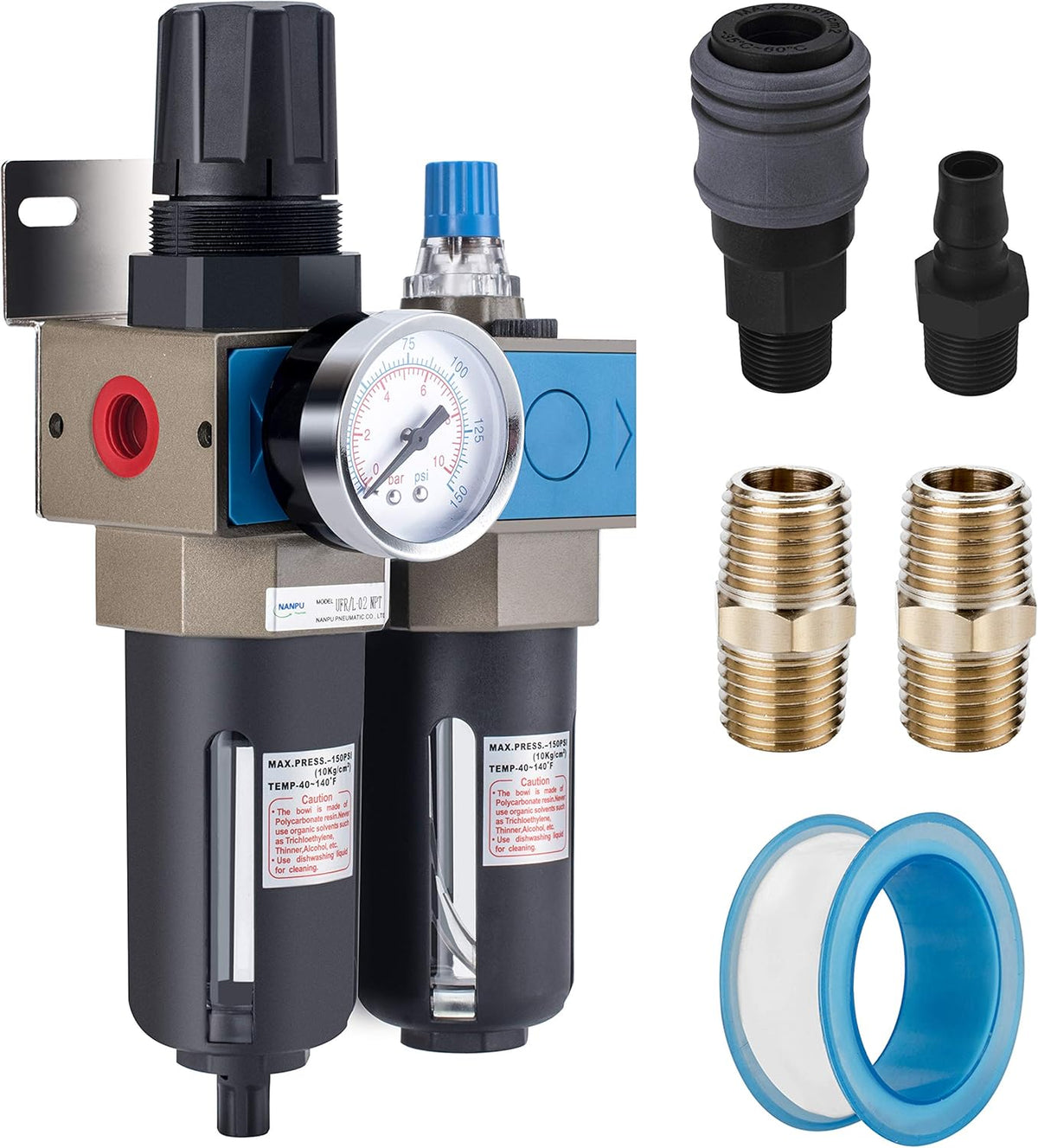 1/4 NPT Compressed Air Filter Regulator Lubricator, 5 Micron, 0-150 psi C958