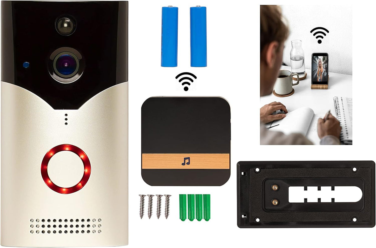 Wireless WiFi Doorbell Camera with Motion Detection, Night Vision, Waterproof, Chime & Rechargeable Batteries S550396