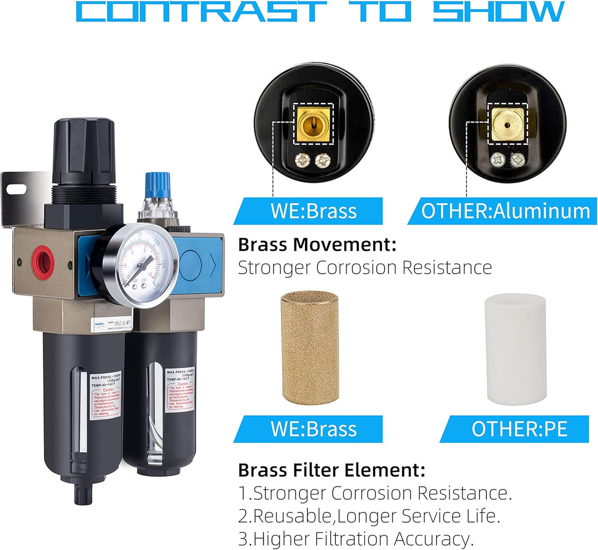 1/4 NPT Compressed Air Filter Regulator Lubricator, 5 Micron, 0-150 psi C958