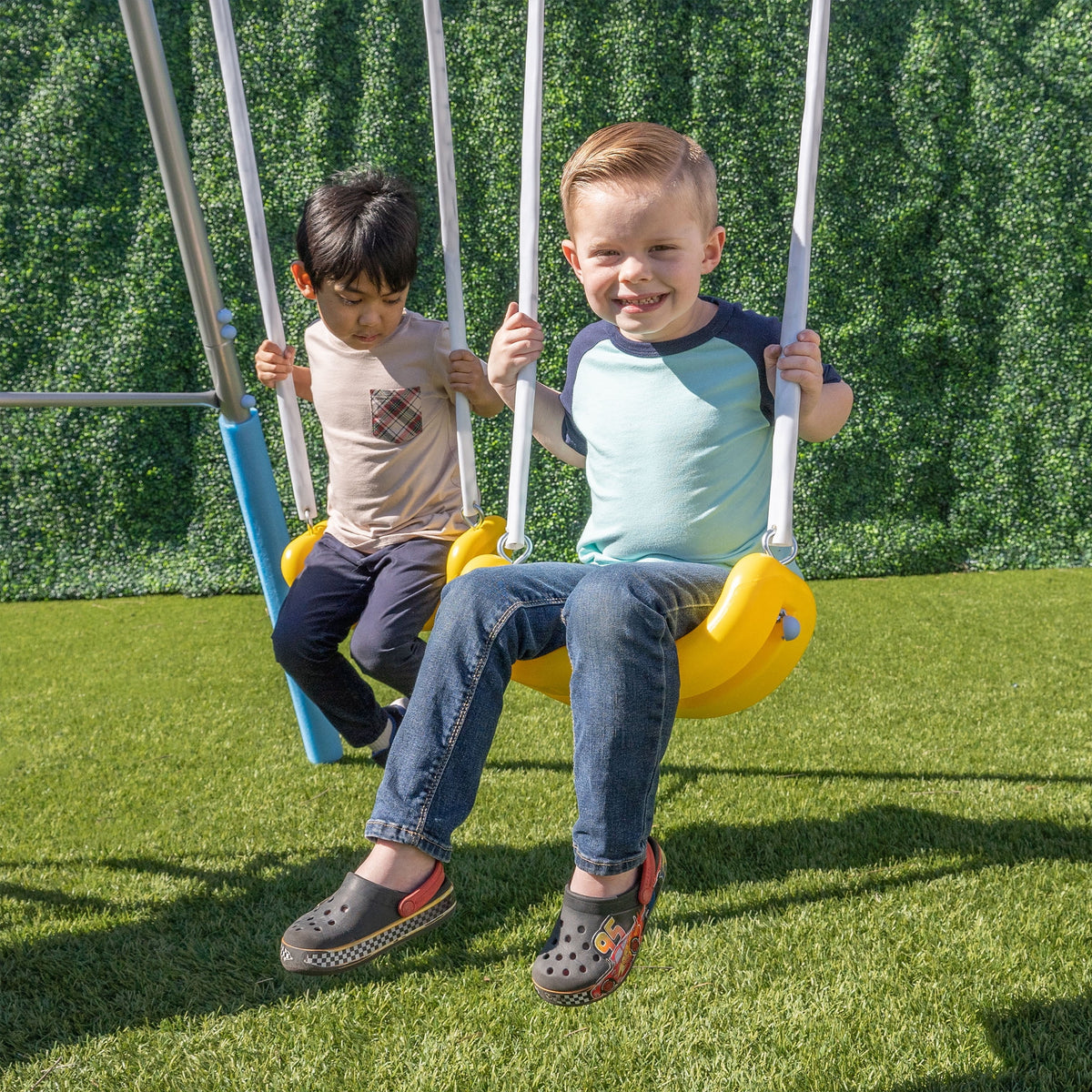 Metal Swing Set with LED Light up Saucer Swing, 2 Swings, and Blow Molded Slide Y102394