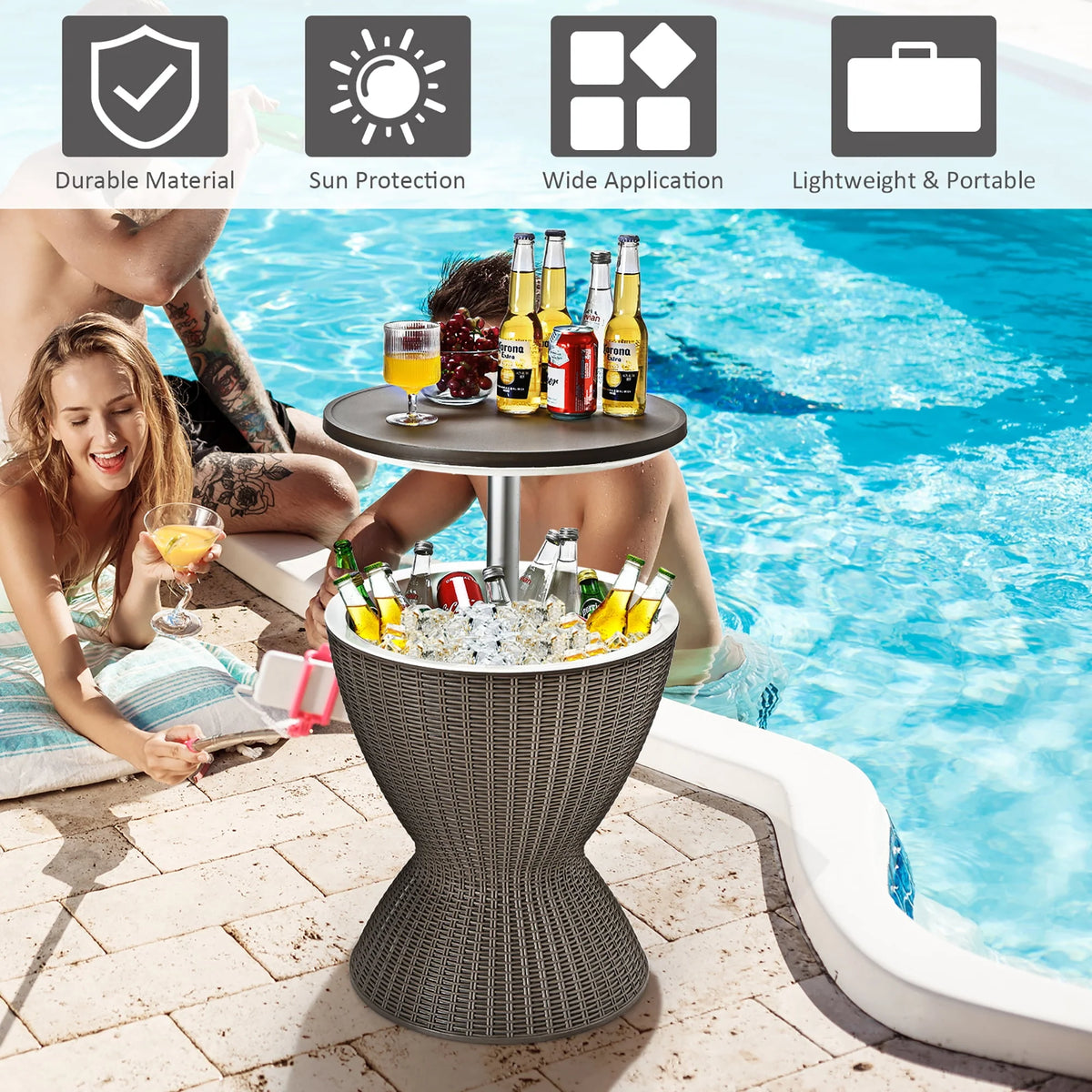 8 Gallon 3 in 1 Patio Rattan Cooler Bar Table Brown V87945