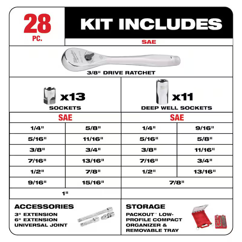 3/8 in. Drive SAE Ratchet and Socket Mechanics Tool Set 28-Piece I873206