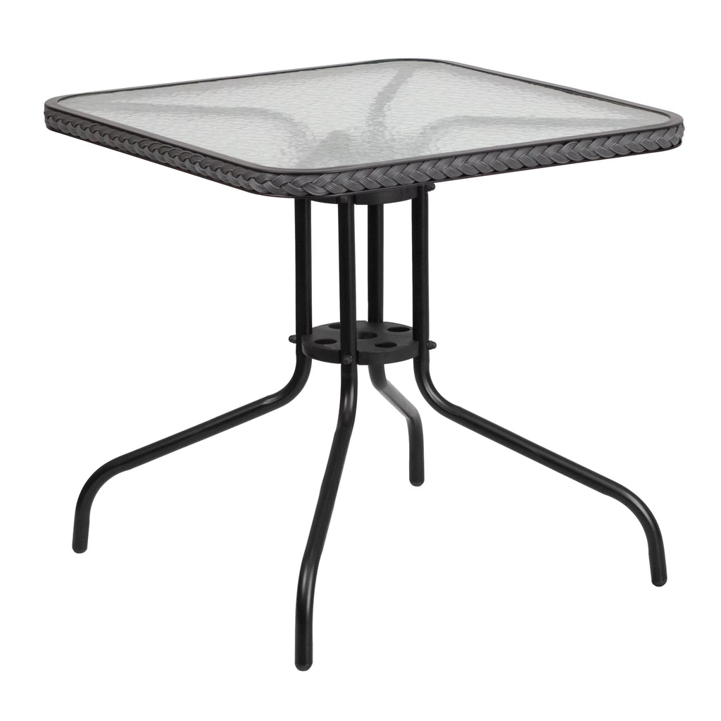28'' Square Glass Metal Table with 2 Gray Rattan Stack Chairs W112