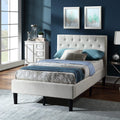 Twin Size Beige Linen Upholstered Platform Bed Frame with Tufted Headboard V55304