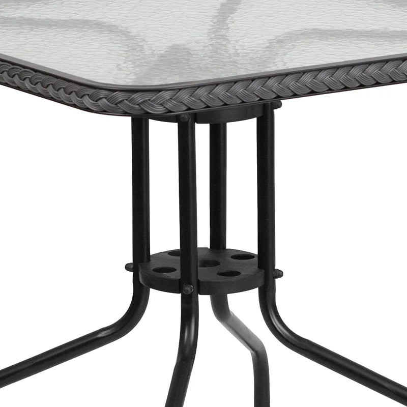 28'' Square Glass Metal Table with 2 Gray Rattan Stack Chairs W112