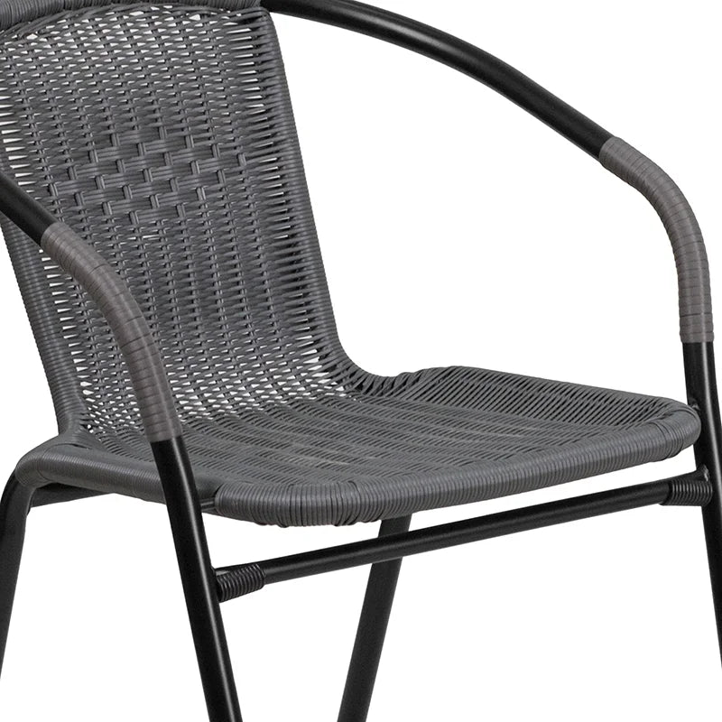 28'' Square Glass Metal Table with 2 Gray Rattan Stack Chairs W112