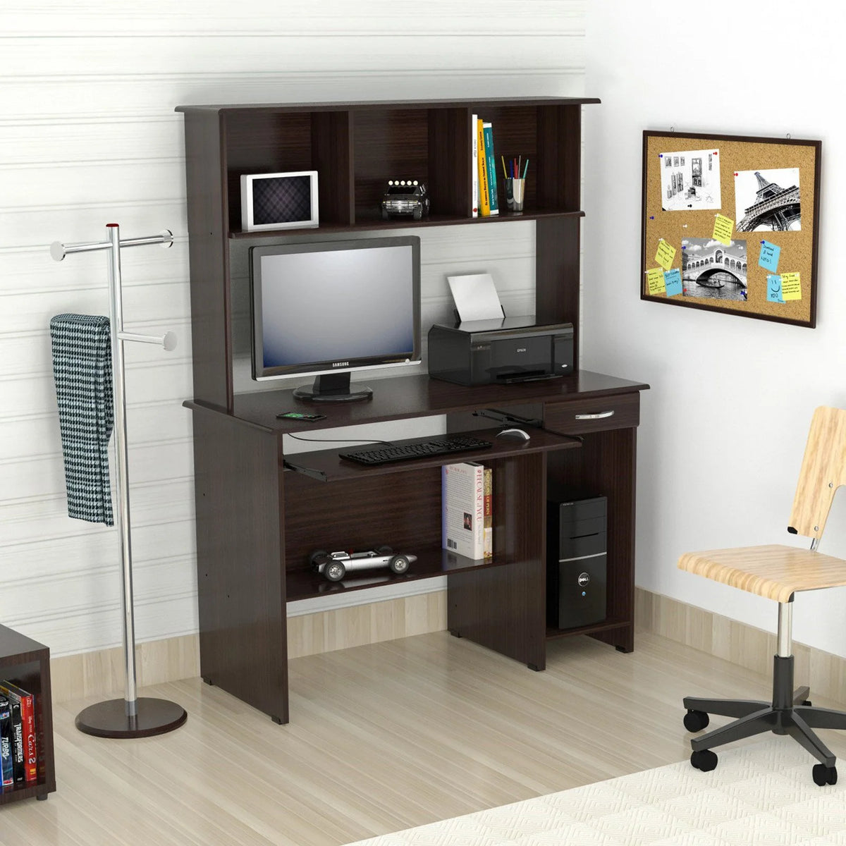Espresso Laminate Computer Desk and Hutch with Storage S66795