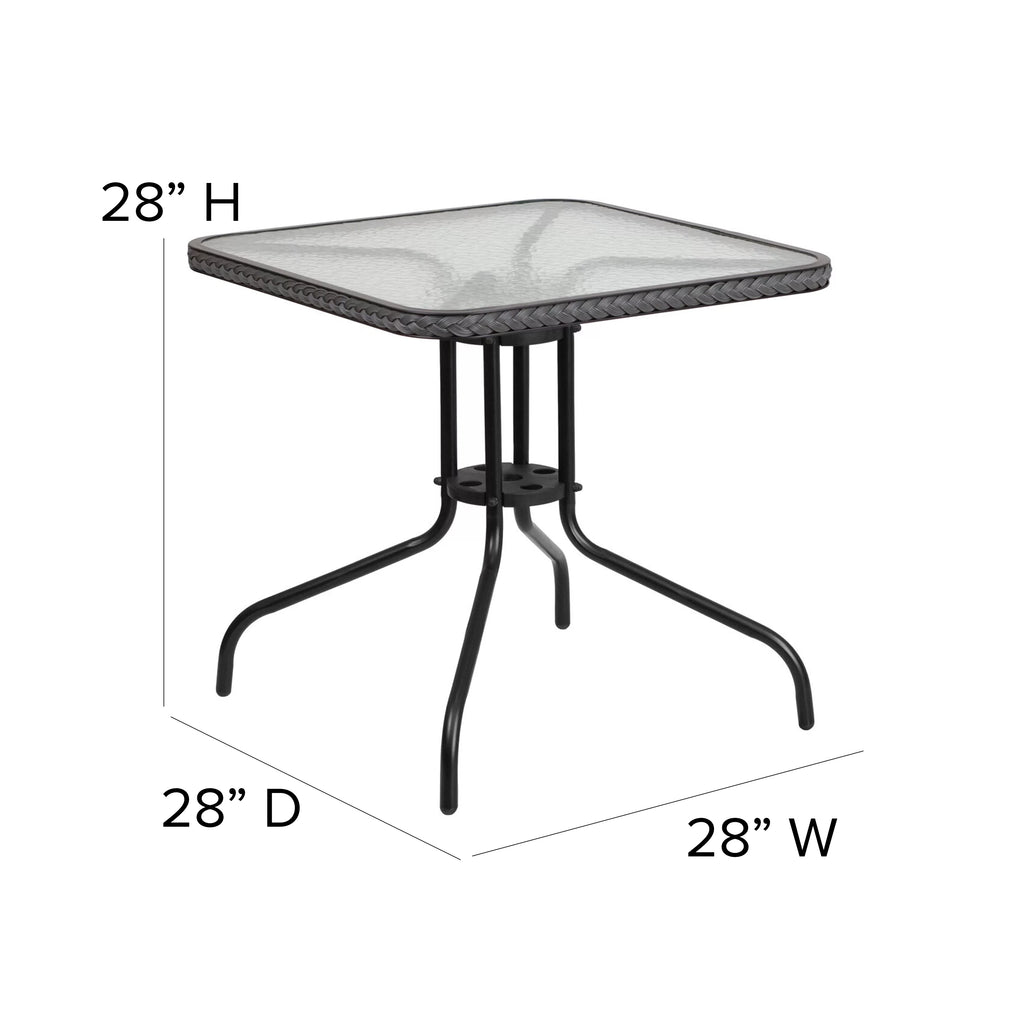 28'' Square Glass Metal Table with 2 Gray Rattan Stack Chairs W112