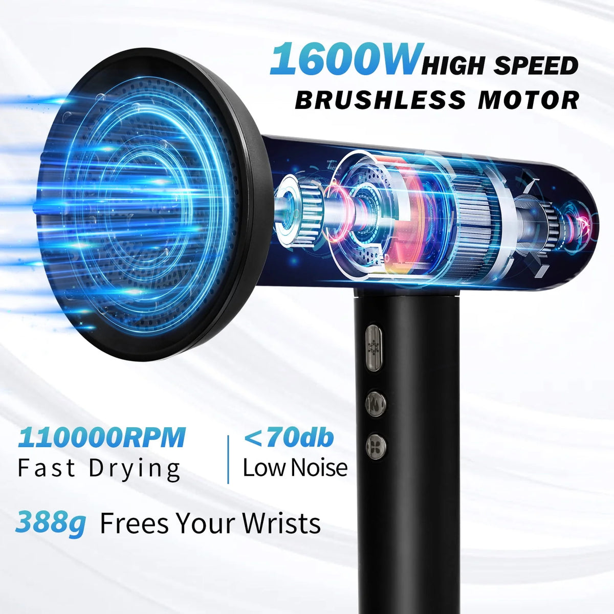 Black 1600W High-Speed Ionic Hair Dryer T820