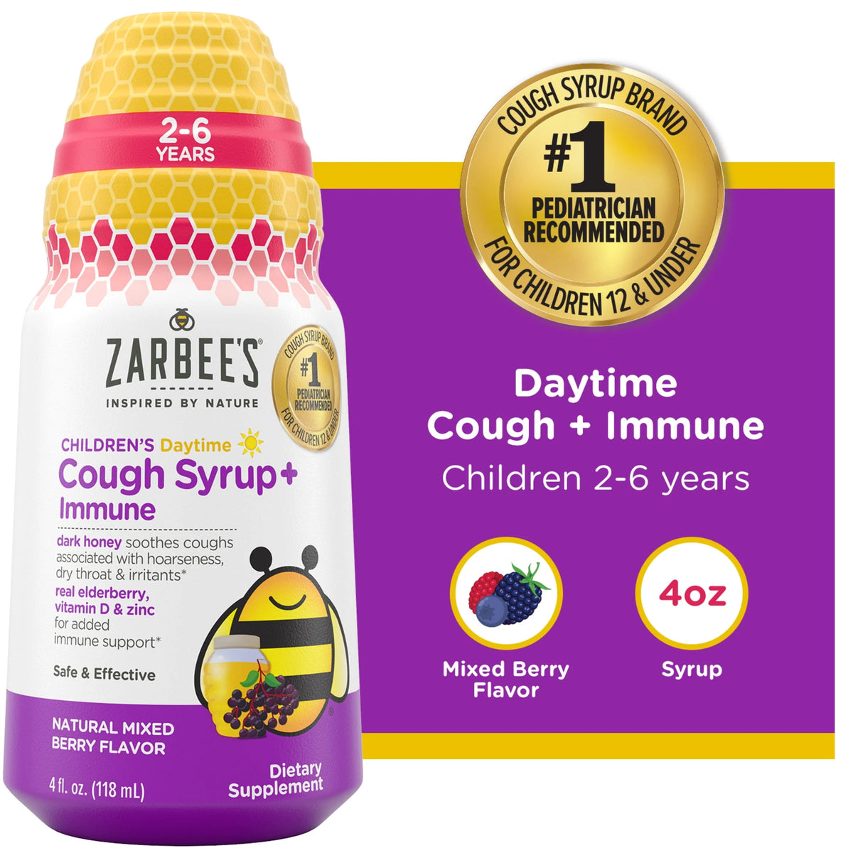 Kids Cough + Immune Daytime with Honey, Vitamin D & Zinc, Mixed Berry, 4FL Oz V245